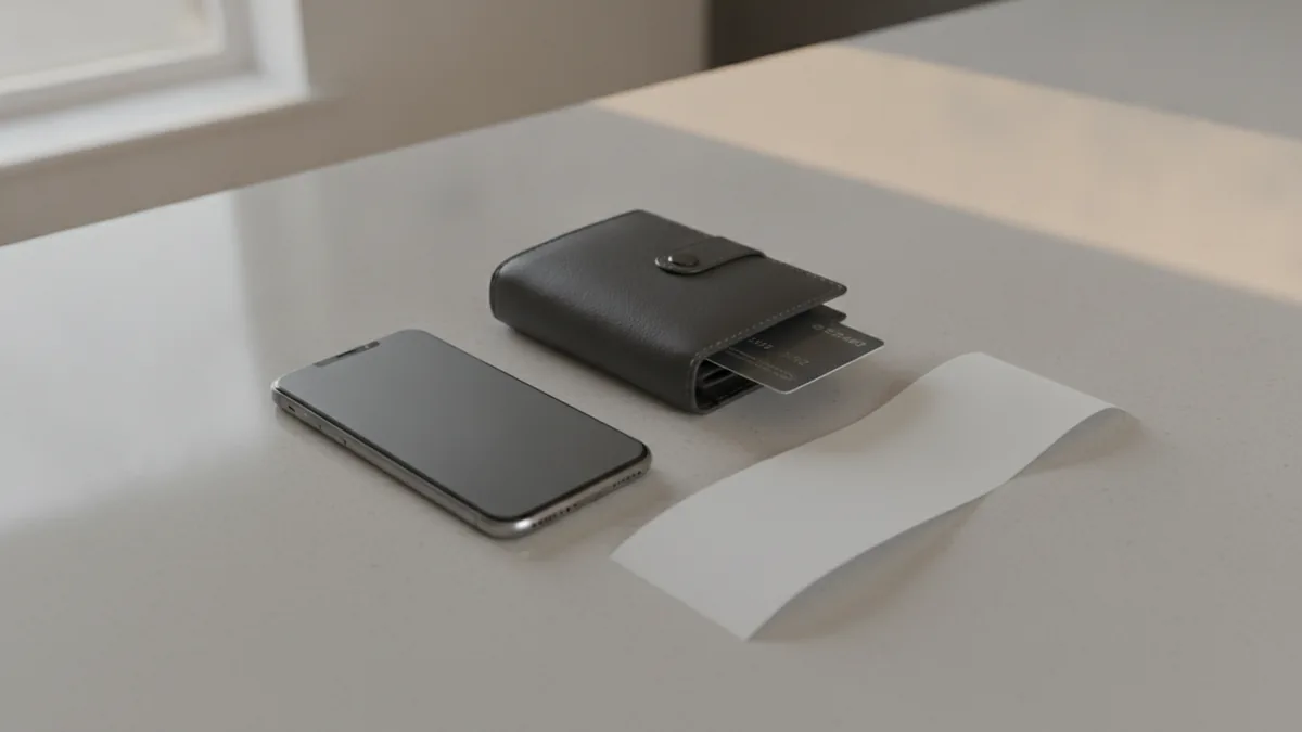 Online and offline recharge choices Smartphone beside a receipt and wallet during a simple mobile top-up process