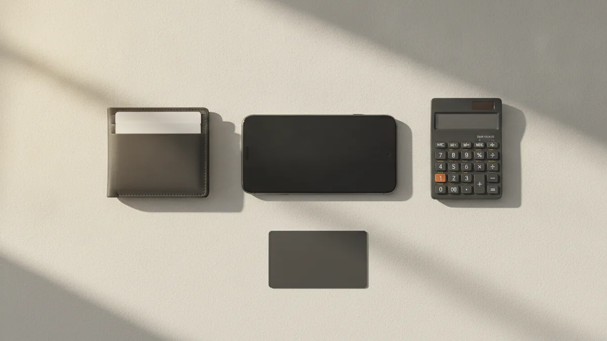 Planning mobile airtime spending Smartphone with airtime planning items and a wallet on a simple desk