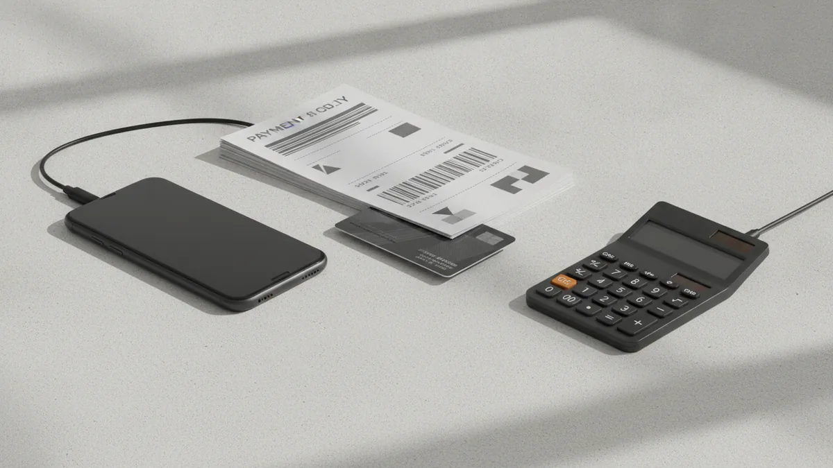 Safer mobile recharge payment check Phone beside payment records and a card during a recharge check