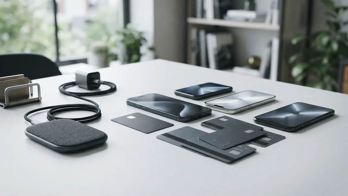 Several smartphones arranged with payment cards for mobile recharge app use
