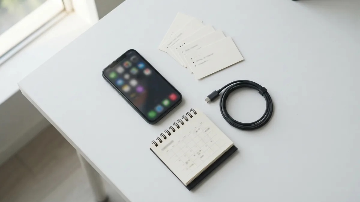 Planning future recharge dates Calendar, smartphone, and reminder cards arranged for planned recharge management