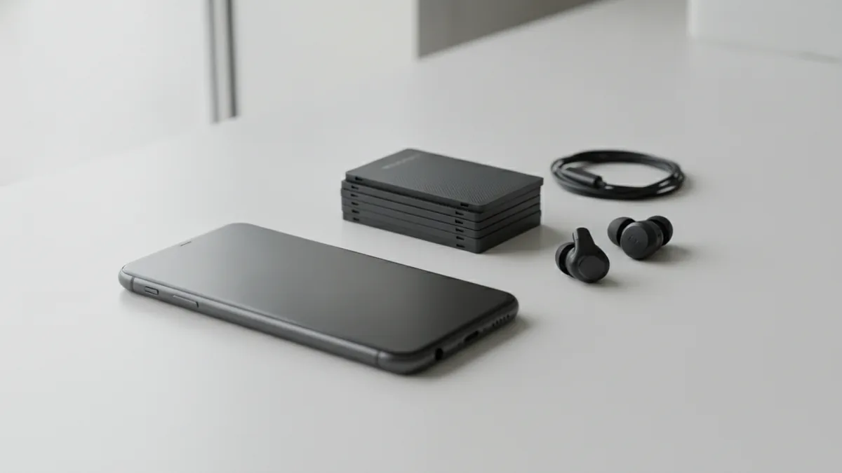 Close view of a smartphone and neatly arranged audio files on a desk