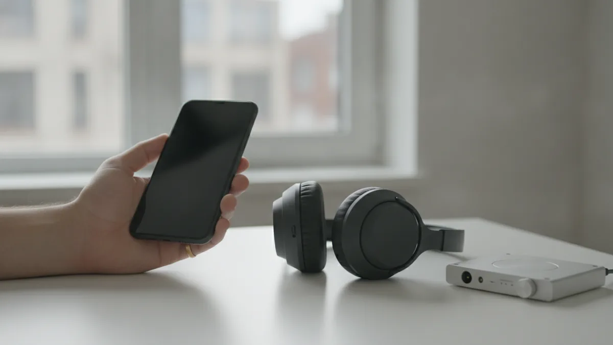Hand holding a smartphone near headphones while selecting a personal ringtone