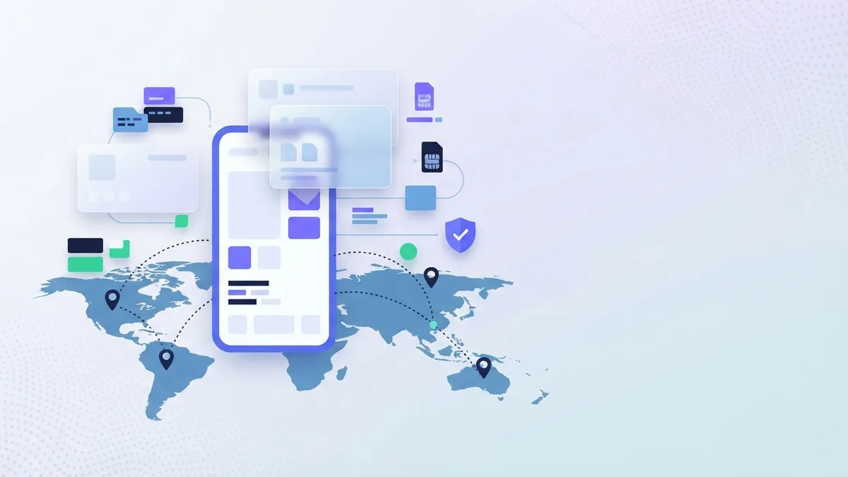 Come possono accumularsi i costi dei dati in roaming Uso dei dati del telefono e costi del roaming rappresentati con schede sovrapposte e percorsi del segnale