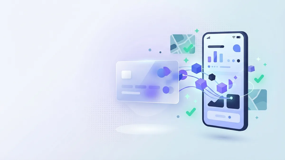 Telefono che riceve credito prepagato tramite carte collegate e archi digitali luminosi astratti