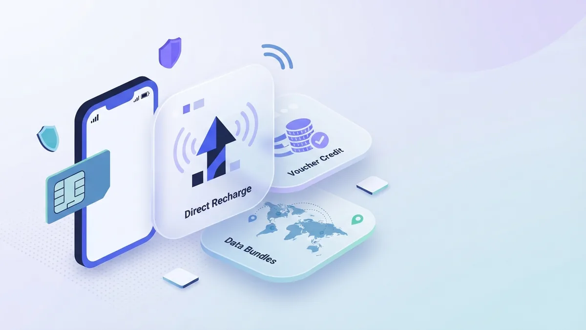 Tre opzioni di ricarica prepagata mostrate come schede astratte accanto a un telefono e a una forma di SIM