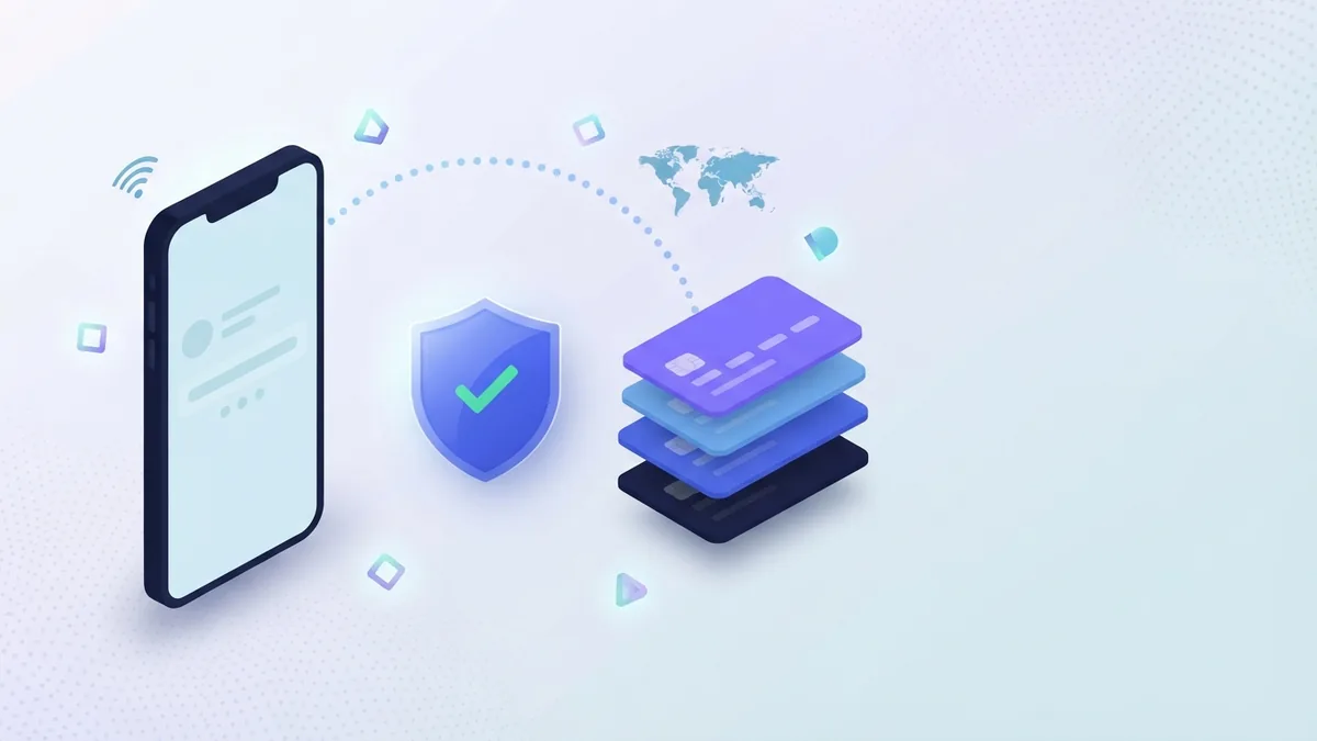 Blank phone with shield and cards illustrating secure online recharge steps