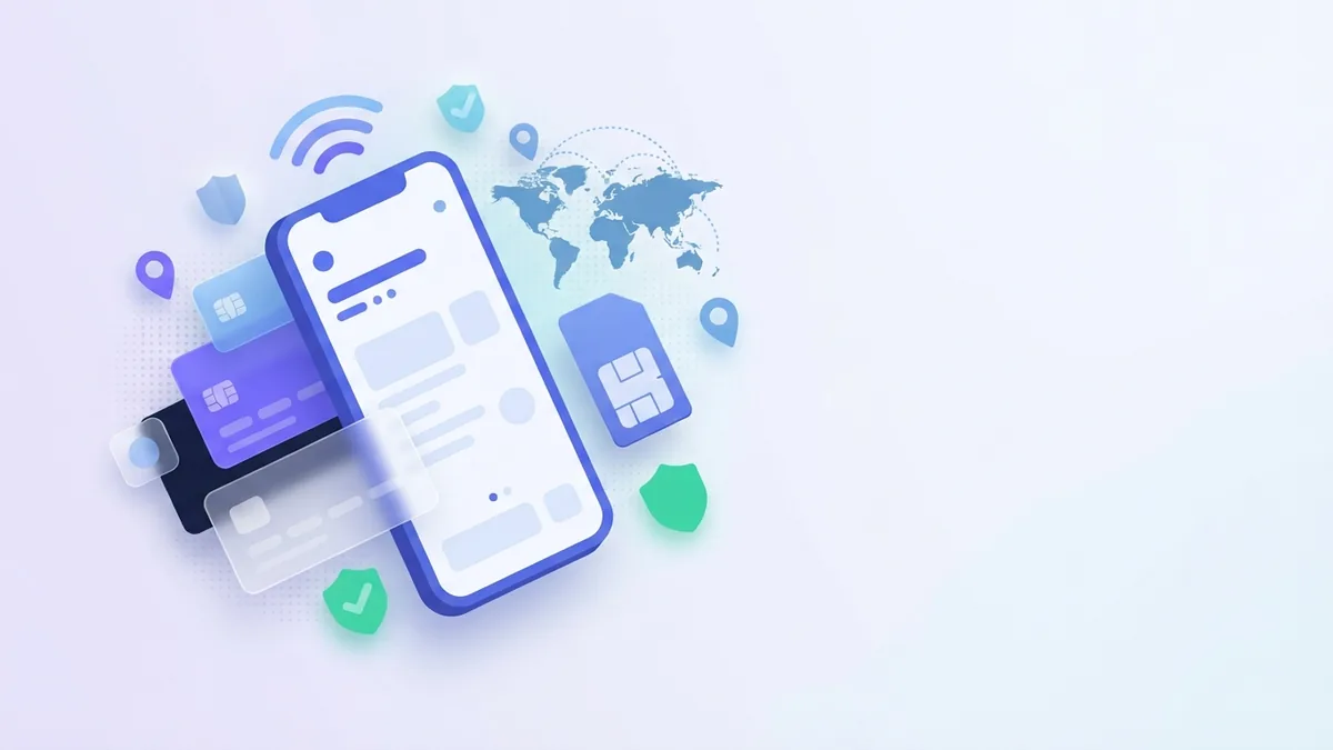Formas de teléfono y tarjeta de crédito abstractas que representan una recarga de saldo móvil