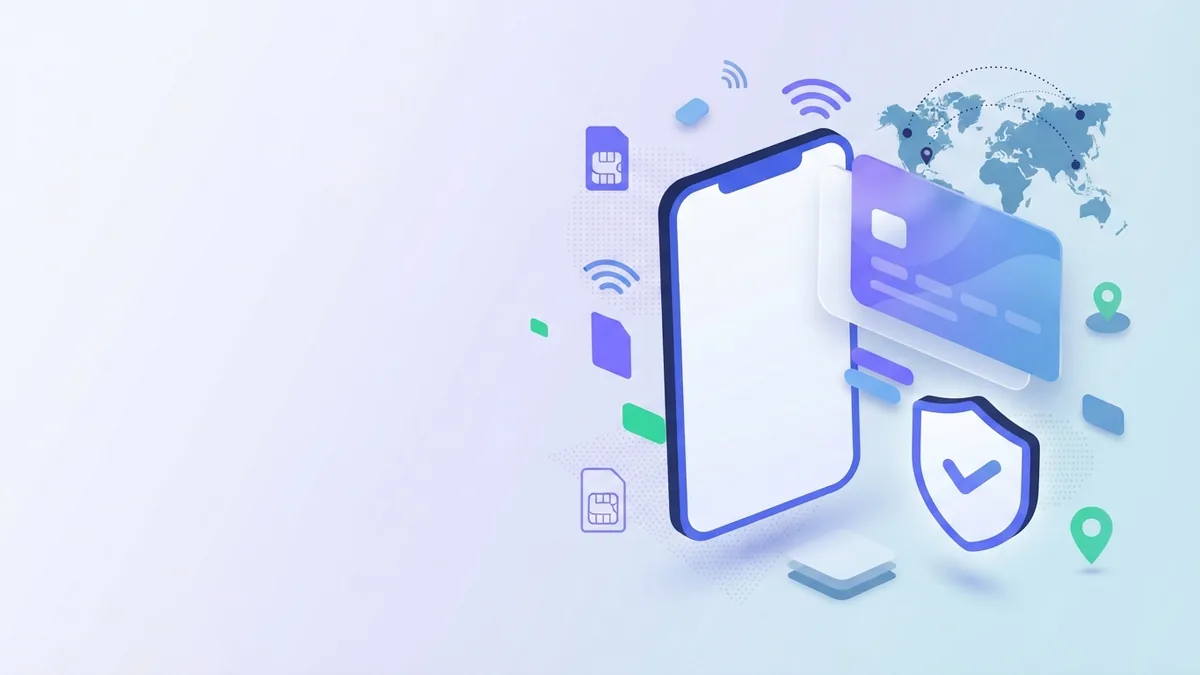 Paying for a mobile top-up online Blank phone, payment card, and shield shapes for a safe online mobile recharge