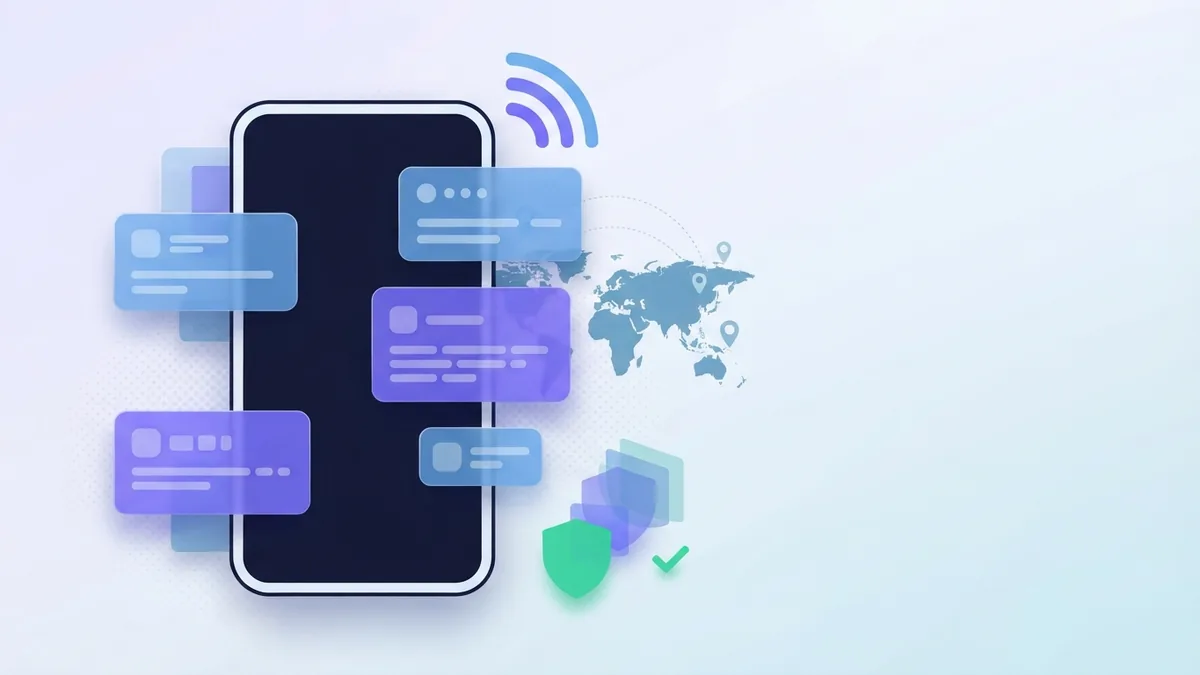 Teléfono en blanco con tarjetas de datos abstractas superpuestas y ondas de señal para internet móvil