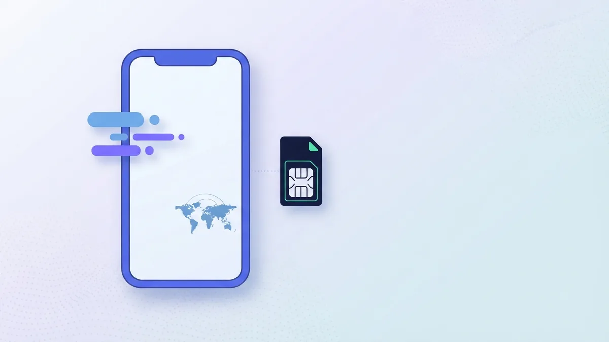 Blank-screen phone with a SIM shape represents topping up through a mobile app