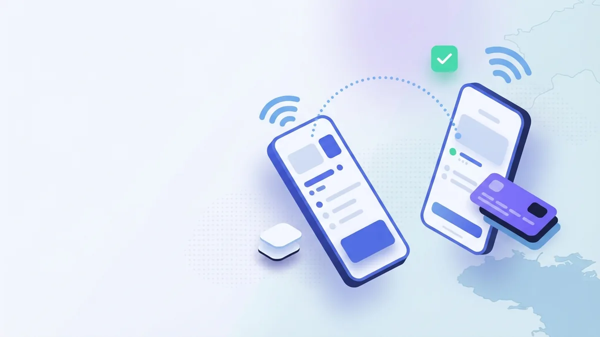 Two simple phones linked by a dotted arc represent sending mobile credit to another person