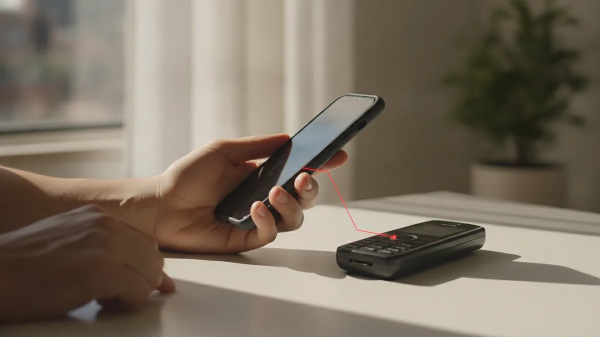 Hand holding a smartphone near a prepaid phone during a careful airtime top-up