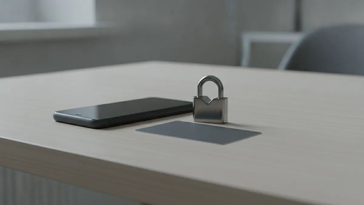 Protecting mobile recharge payments Smartphone and lock-shaped security token beside a payment card on a desk