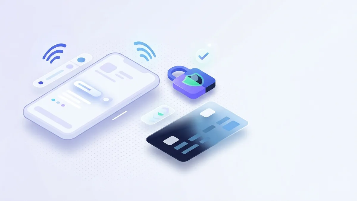 Protecting mobile recharge payments Smartphone and lock-shaped security token beside a payment card on a desk