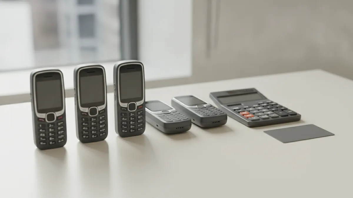 Several prepaid phones and a calculator arranged for comparing recharge costs