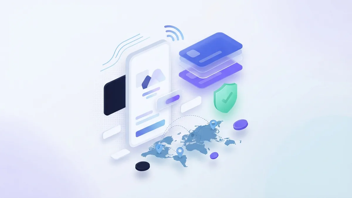 Téléphone et panneaux abstraits illustrant une recharge mobile prépayée en ligne