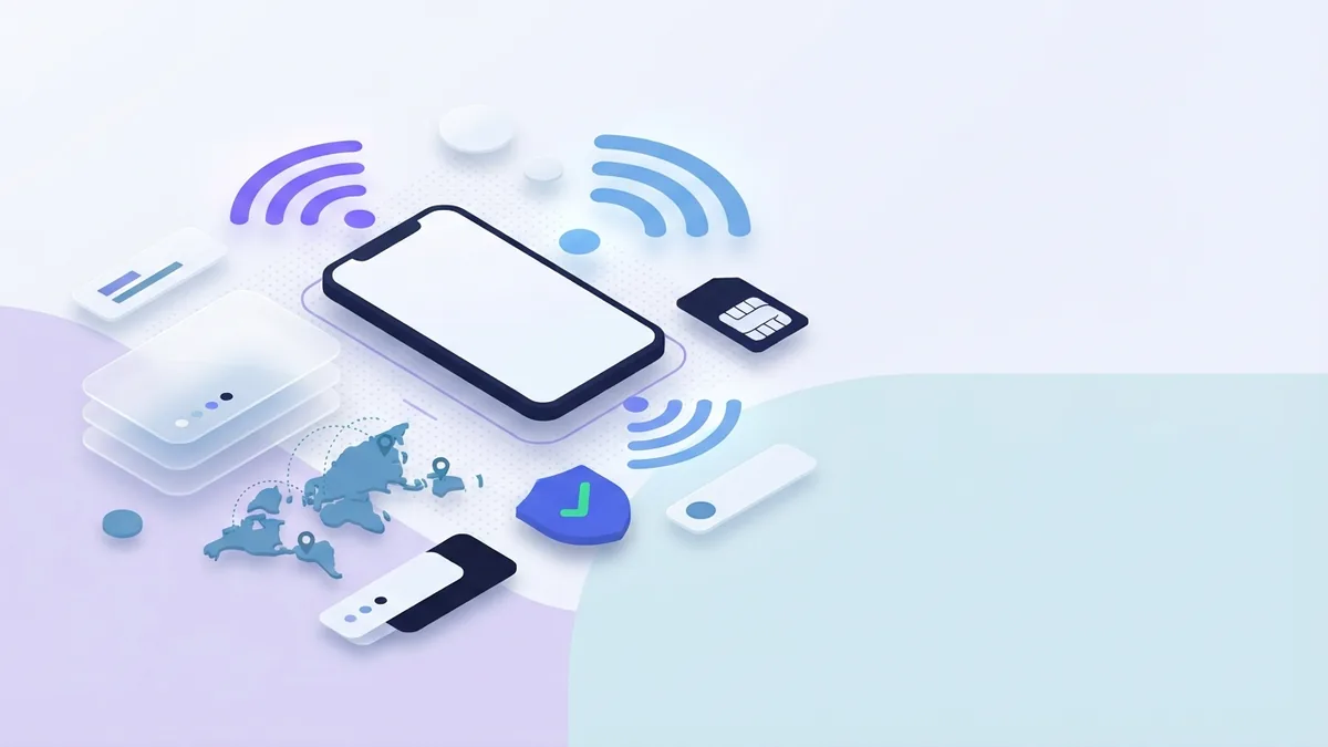 Téléphone et carte SIM avec ondes de signal abstraites et cartes de réglages de compte vierges