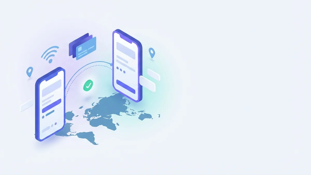 Mantenha o contato com créditos pré-pagos para celular Silhuetas de dois celulares conectados através de um mapa representam manter contato no exterior