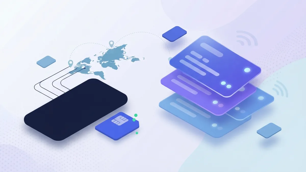 تغييرات باقات الاتصالات بطاقات تجريدية لباقات الاتصالات بجانب هاتف ذكي وشريحة SIM لتوضيح تغيّرات أسعار المشغلين